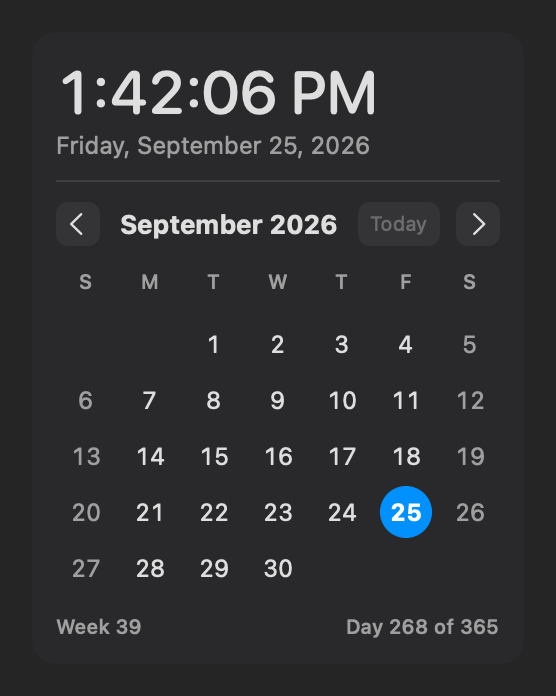 minibar calendar popover in dark mode