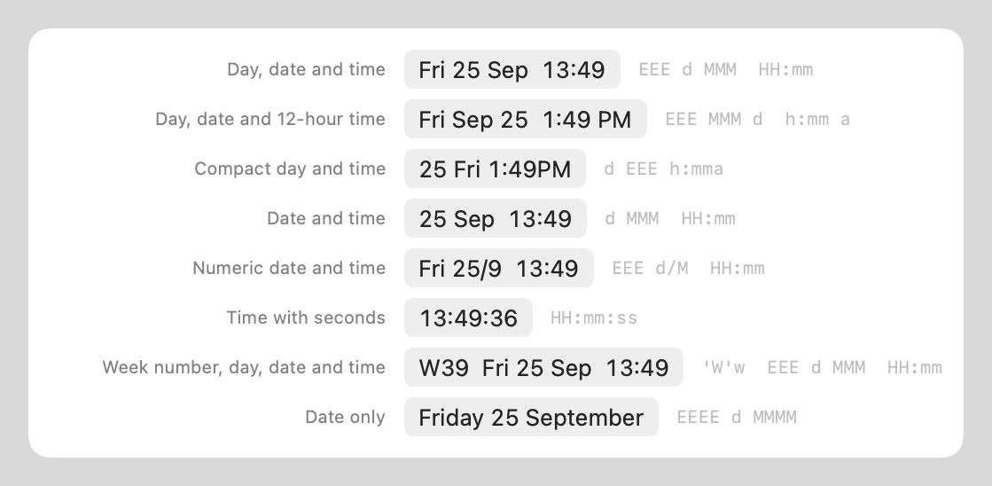 The seven clock format presets