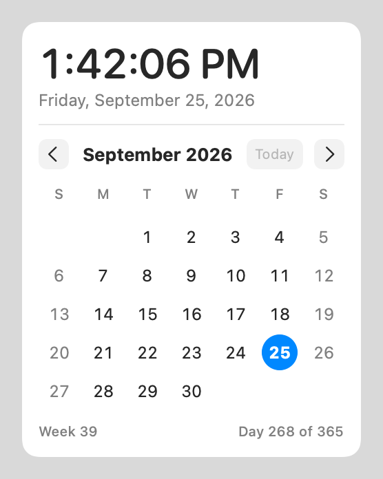 minibar calendar popover in light mode
