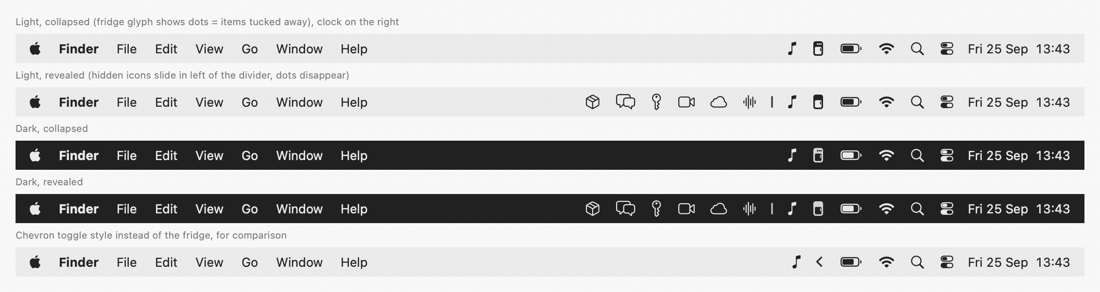 Menu bar with minibar collapsed and revealed, in light and dark mode